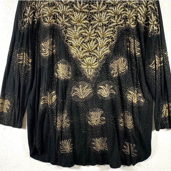 VTG Jane Ashley Womens Top Sz 16 Black Gold Beaded Lotus Flower Event - Picture 3 of 12